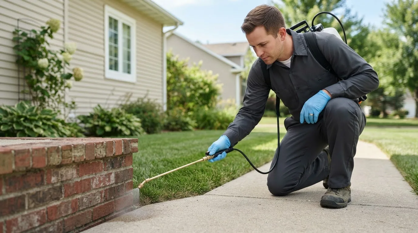 Pest control technician treating a home near Glencross, SD